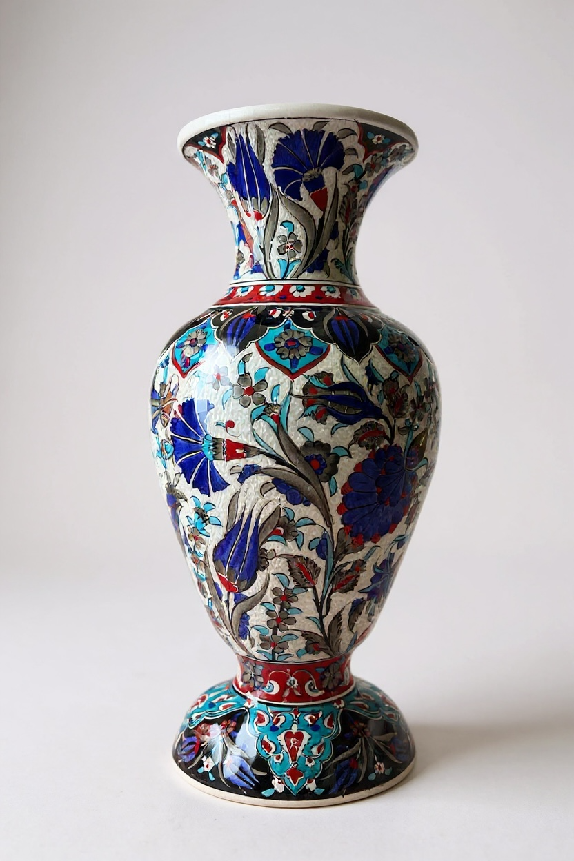 El Yapımı Özel Samur İşçiliği 50Cm Elhamra Çini Vazo – Lacivert & Turkuaz Desen