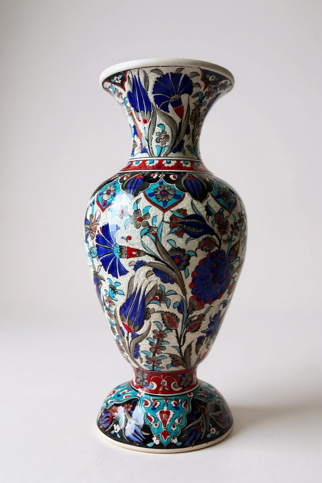 El Yapımı Özel Samur İşçiliği 50Cm Elhamra Çini Vazo – Lacivert & Turkuaz Desen