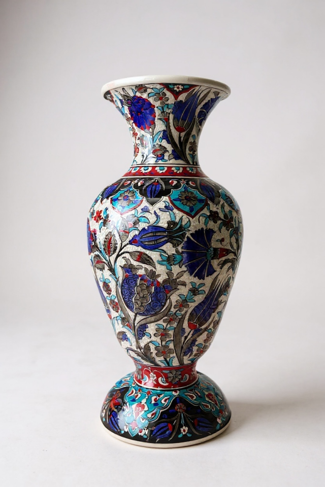 El Yapımı Özel Samur İşçiliği 50Cm Elhamra Çini Vazo – Lacivert & Turkuaz Desen