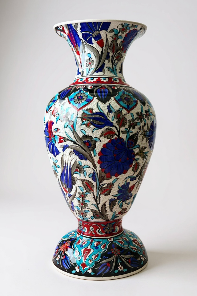 El Yapımı Özel Samur İşçiliği 50Cm Elhamra Çini Vazo – Lacivert & Turkuaz Desen