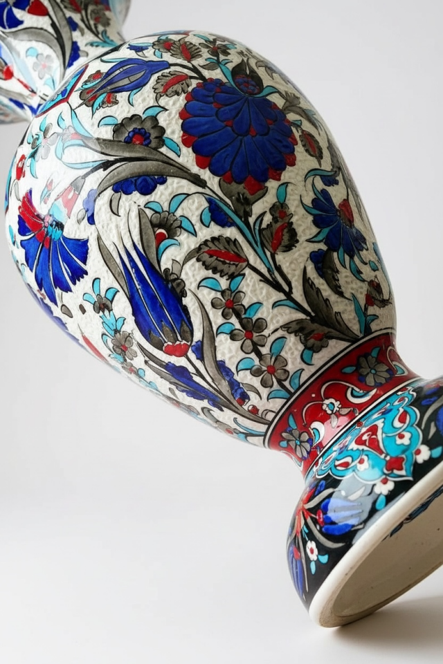 El Yapımı Özel Samur İşçiliği 50Cm Elhamra Çini Vazo – Lacivert & Turkuaz Desen