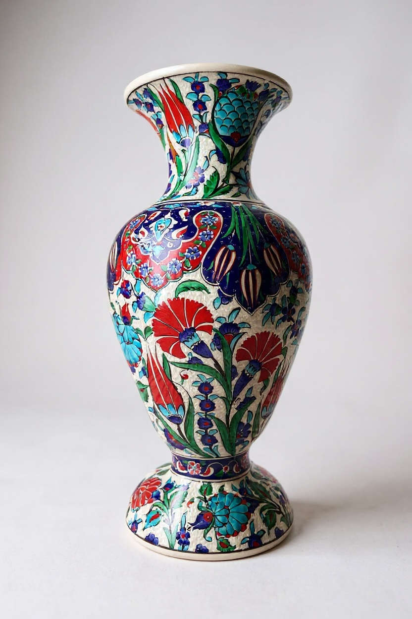 El Yapımı Özel Samur İşçiliği 50Cm Elhamra Çini Vazo (Klasik Renk)