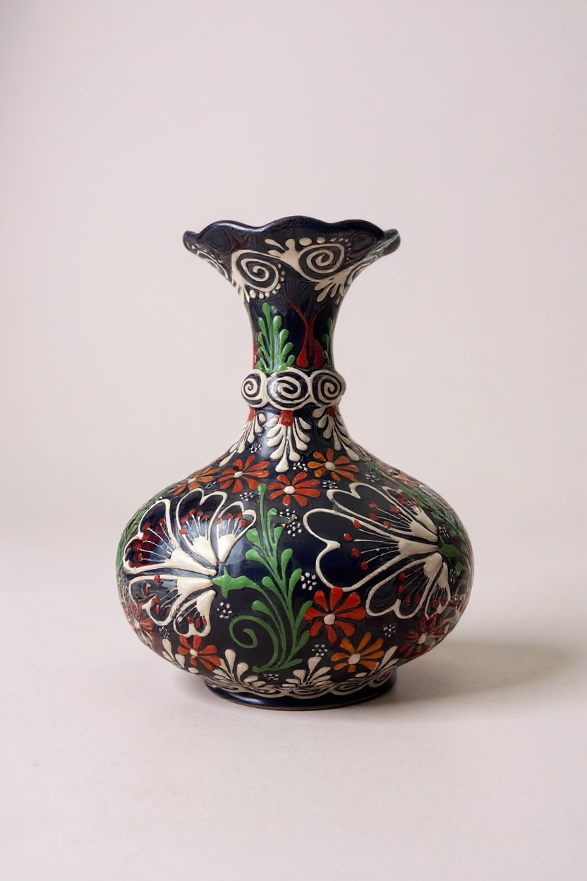 El Yapımı 20Cm Kabartma ve Dantel İşçiliği Siyah Geniş Marul Vazo