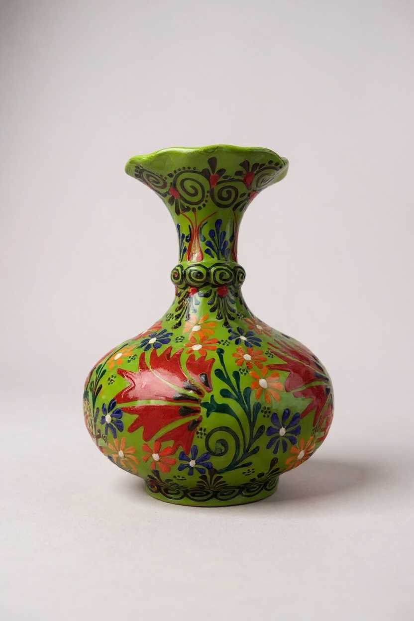 El Yapımı 20Cm Kabartma ve Dantel İşçiliği Yeşil Geniş Marul Vazo