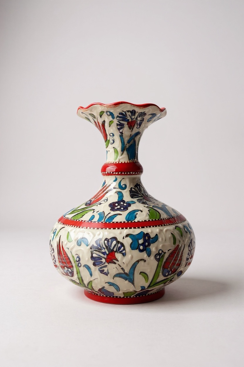 El Yapımı Samur İşçiliği 20Cm Lale Motifli Kırmızı Geniş Marul Çini Vazo