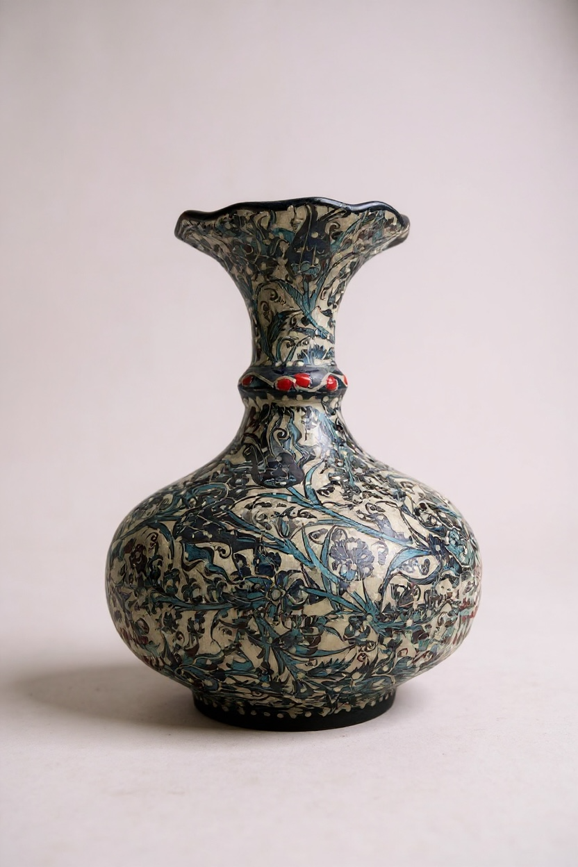 El Emeği Teşhip Sanatı 20Cm Lacivert Beyaz Geniş Marul Çini Vazo