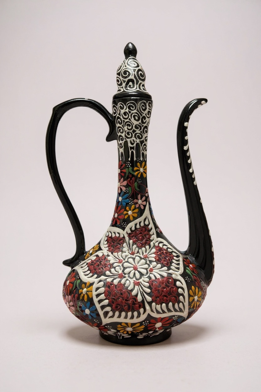 El Yapımı 30Cm Kabartma ve Dantel İşçiliği Siyah Narin İbrik Çini Vazo