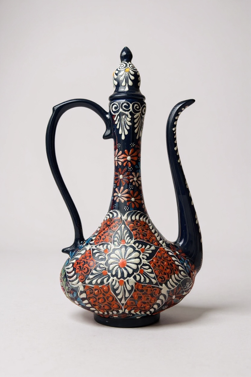 El Yapımı 30Cm Kabartma ve Dantel İşçiliği Lacivert Narin İbrik Çini Vazo