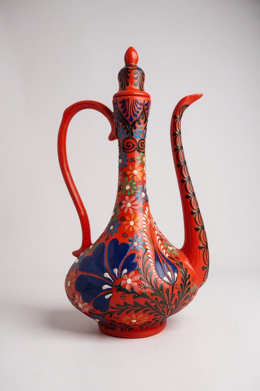 El Yapımı 30Cm Kabartma ve Dantel İşçiliği Turuncu Narin İbrik Çini Vazo