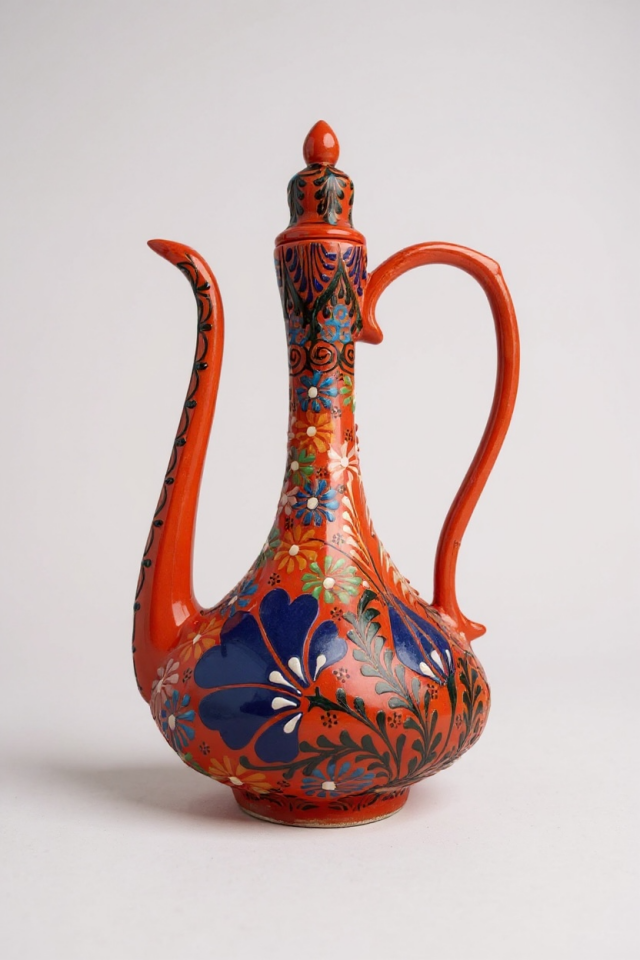 El Yapımı 30Cm Kabartma ve Dantel İşçiliği Turuncu Narin İbrik Çini Vazo