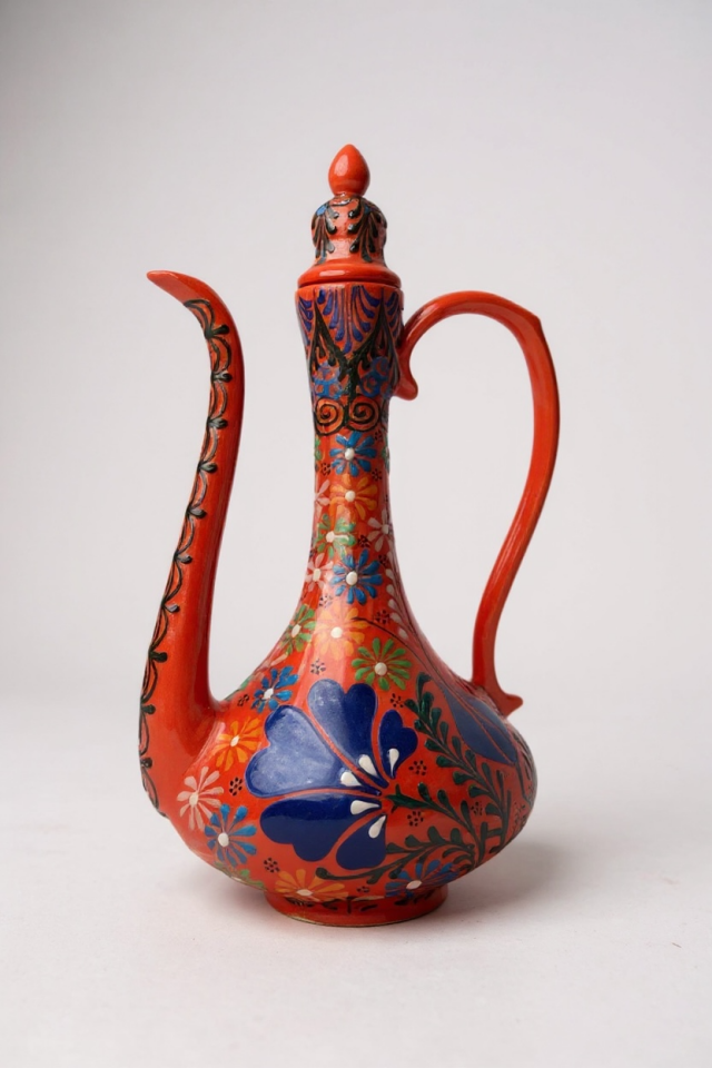 El Yapımı 30Cm Kabartma ve Dantel İşçiliği Turuncu Narin İbrik Çini Vazo