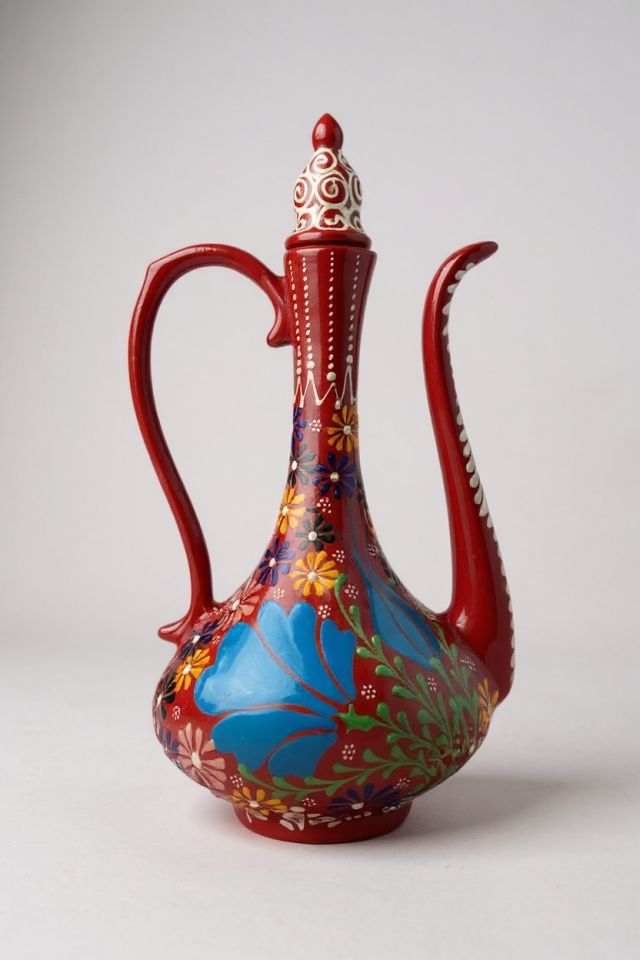 El Yapımı 30Cm Kabartma ve Dantel İşçiliği Kırmızı Narin İbrik Çini Vazo