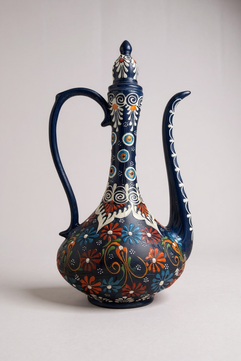 El Yapımı 30Cm Kabartma ve Dantel İşçiliği Lacivert Narin İbrik Çini Vazo