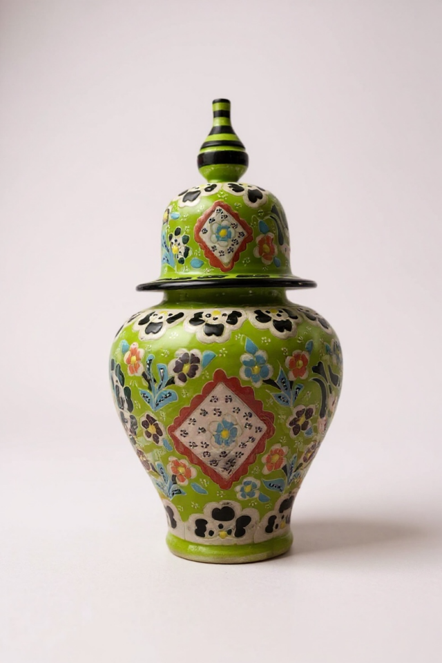 El Yapımı Çark İşi 25Cm Dantel İşçiliği Nostaljik Tasarım Yeşil Şah Küp Çini Vazo