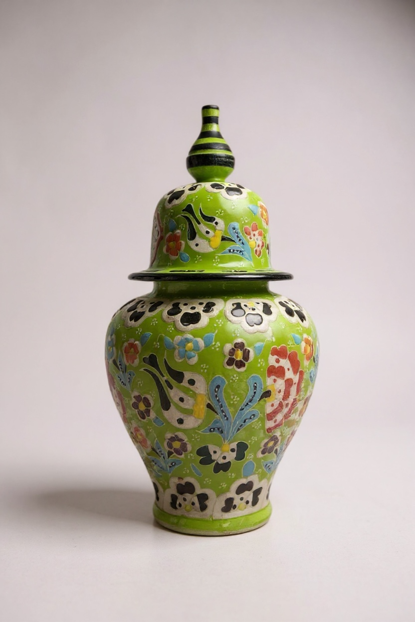 El Yapımı Çark İşi 25Cm Dantel İşçiliği Nostaljik Tasarım Yeşil Şah Küp Çini Vazo