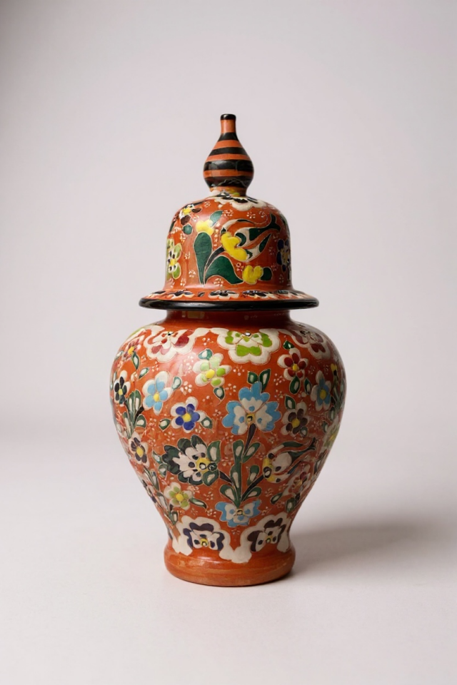 El Yapımı Çark İşi 25Cm Dantel İşçiliği Nostaljik Tasarım Turuncu Şah Küp Çini Vazo