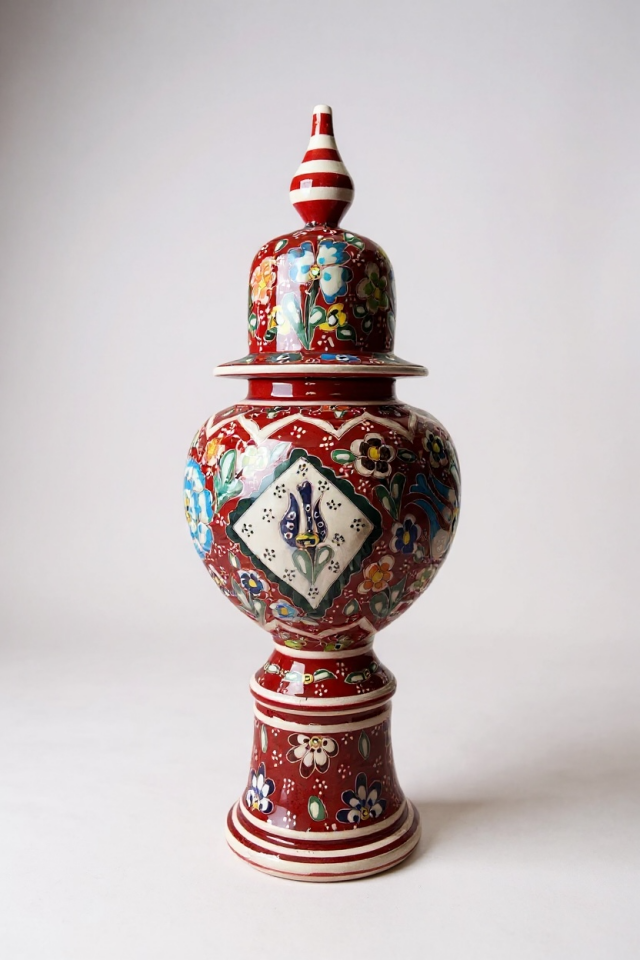 Özel Tasarım El Yapımı Çark İşi 35cm Bordo Ayaklı Şah Küp Çini Vazo