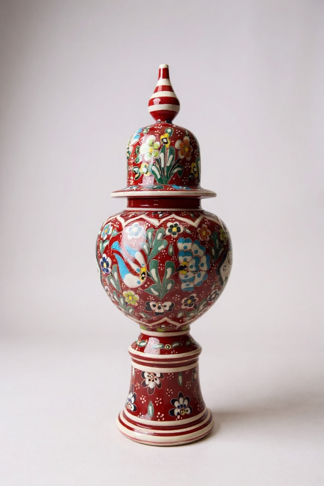 Özel Tasarım El Yapımı Çark İşi 35cm Bordo Ayaklı Şah Küp Çini Vazo