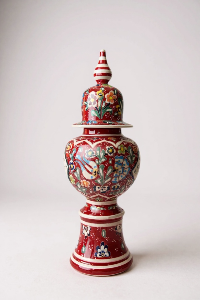 Özel Tasarım El Yapımı Çark İşi 35cm Kırmızı Ayaklı Şah Küp Çini Vazo