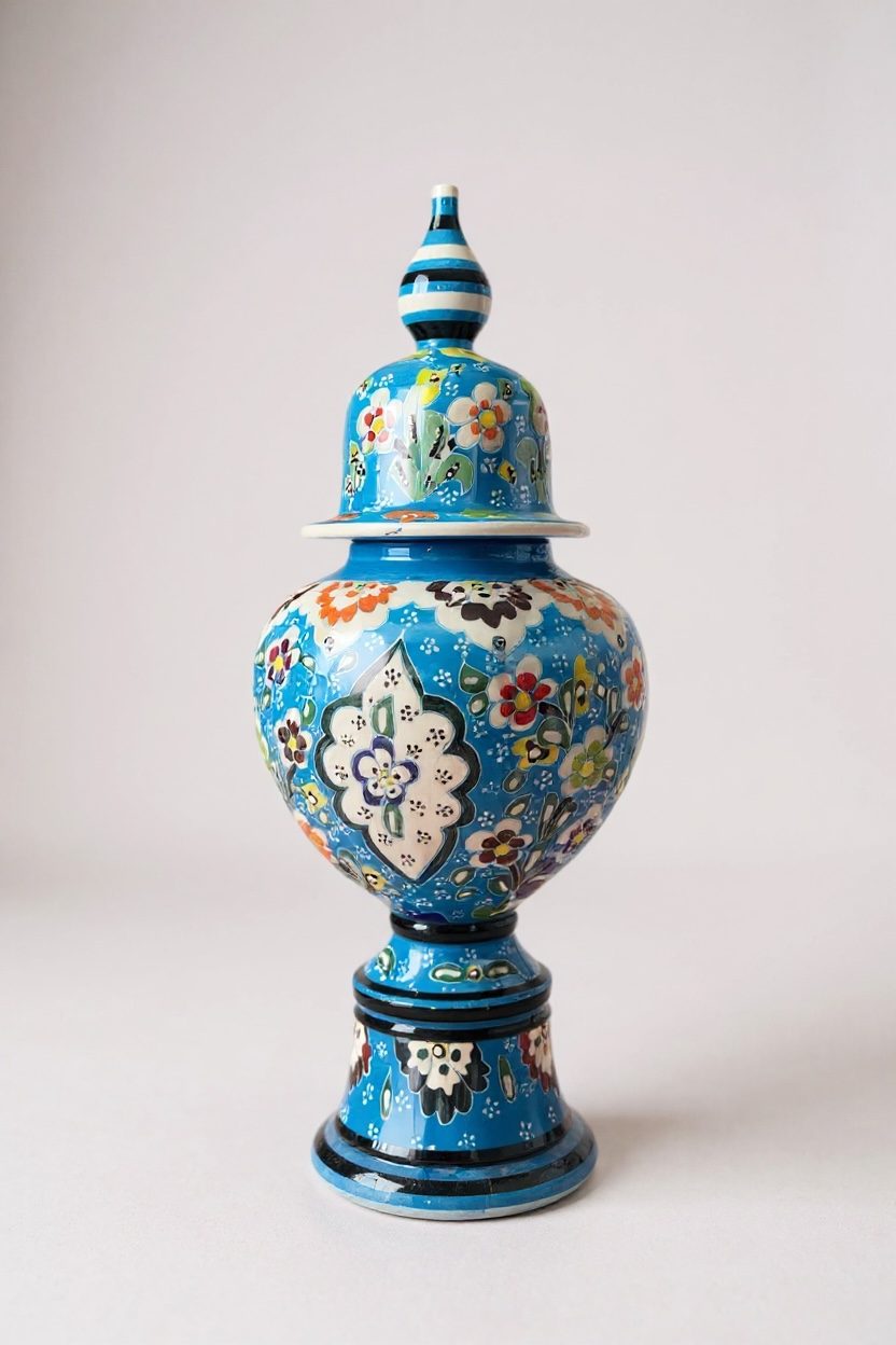 Özel Tasarım El Yapımı Çark İşi 35cm Mavi Ayaklı Şah Küp Çini Vazo