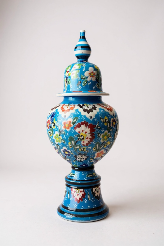 Özel Tasarım El Yapımı Çark İşi 35cm Mavi Ayaklı Şah Küp Çini Vazo