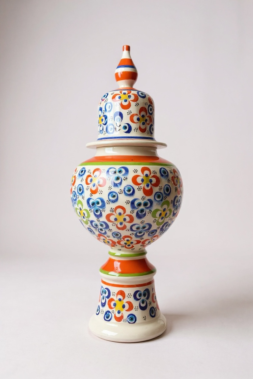 Özel Tasarım El Yapımı Çark İşi Turuncu Ayaklı Şah Küp Çini Vazo