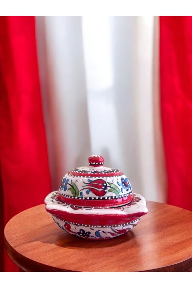 El Yapımı Kutahya Çinisi Lale Motifli Çini Şekerlik