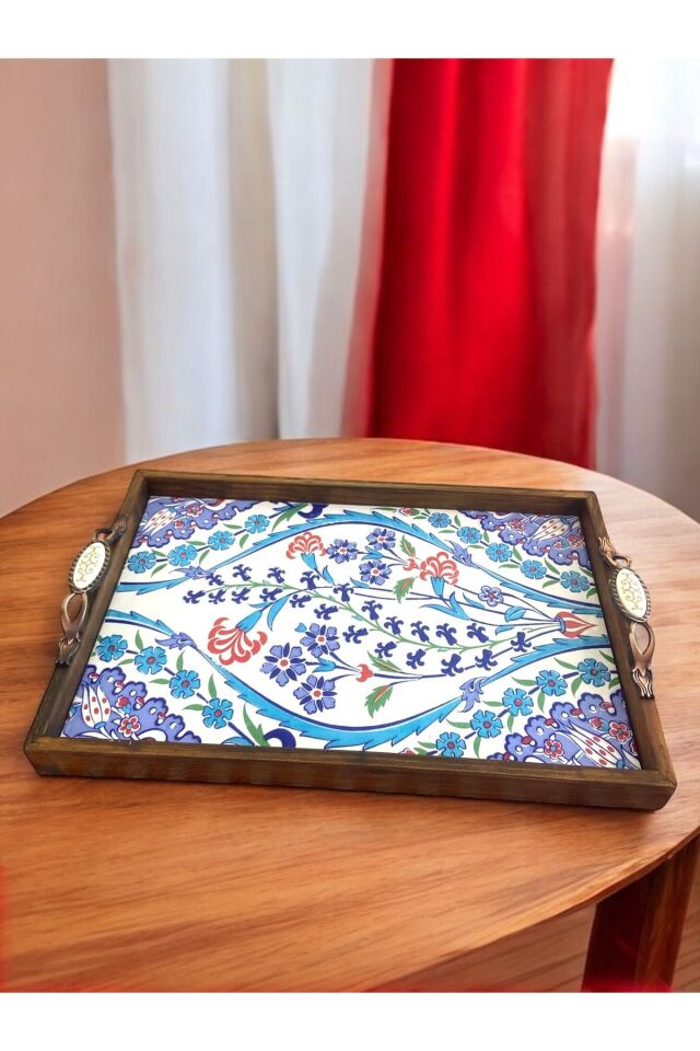 Özel Tasarım Sümbül Motifli Kütahya Çinisi Ahşap Çini Tepsi (25x40Cm)