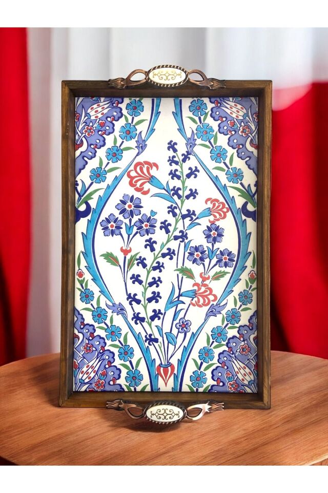 Özel Tasarım Sümbül Motifli Kütahya Çinisi Ahşap Çini Tepsi (25x40Cm)