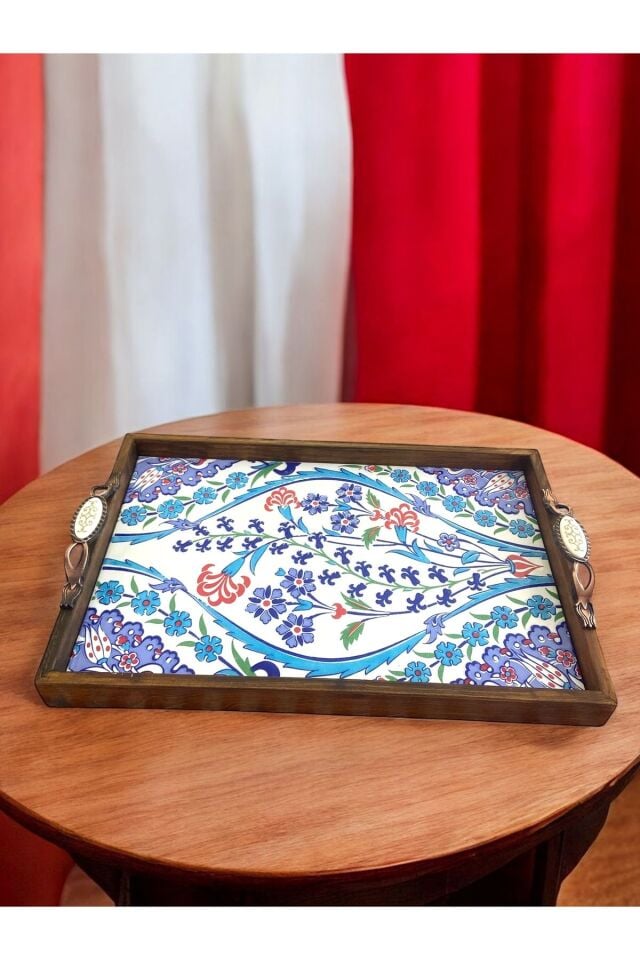 Özel Tasarım Sümbül Motifli Kütahya Çinisi Ahşap Çini Tepsi (25x40Cm)