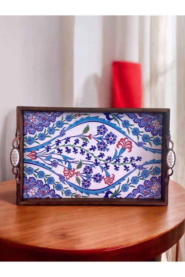 Özel Tasarım Sümbül Motifli Kütahya Çinisi Ahşap Çini Tepsi (25x40Cm)