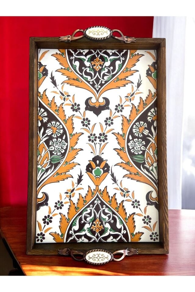 Özel Tasarım Kütahya Çinisi Ahşap Çini Tepsi (25x40Cm)