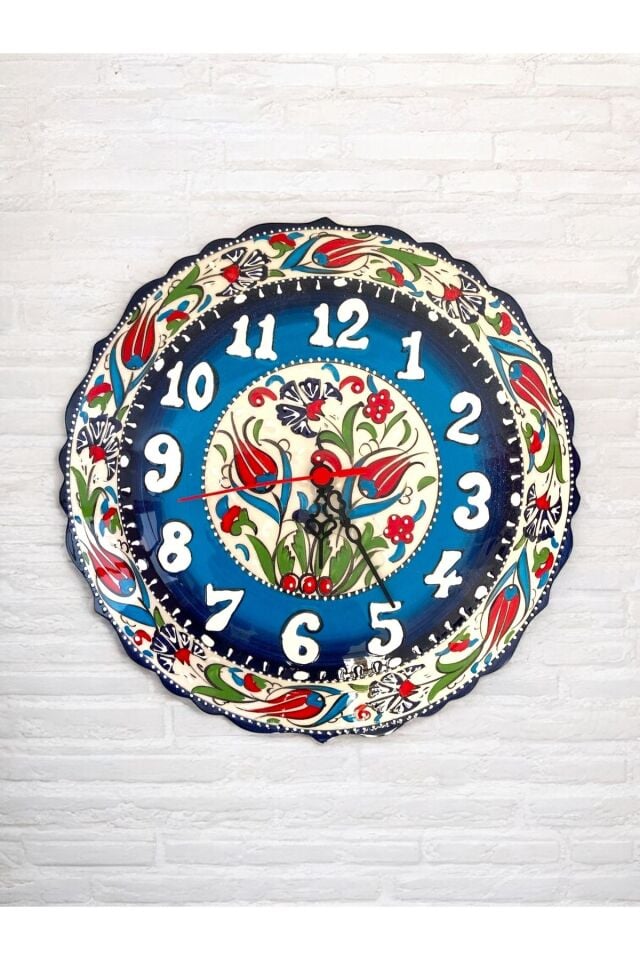 El Yapımı Lale Motifli Kütahya Çini Duvar Saati - 30 cm