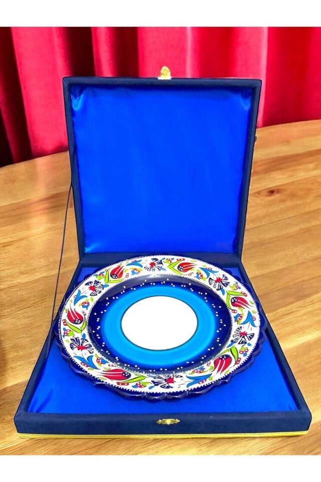 Kişiye Özel Kadife Kutulu 30Cm El Yapımı Resimli Kütahya Çini Tabak - Mavi