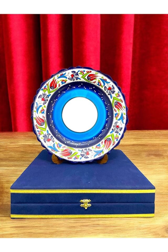 Kişiye Özel Kadife Kutulu 30Cm El Yapımı Resimli Kütahya Çini Tabak - Mavi