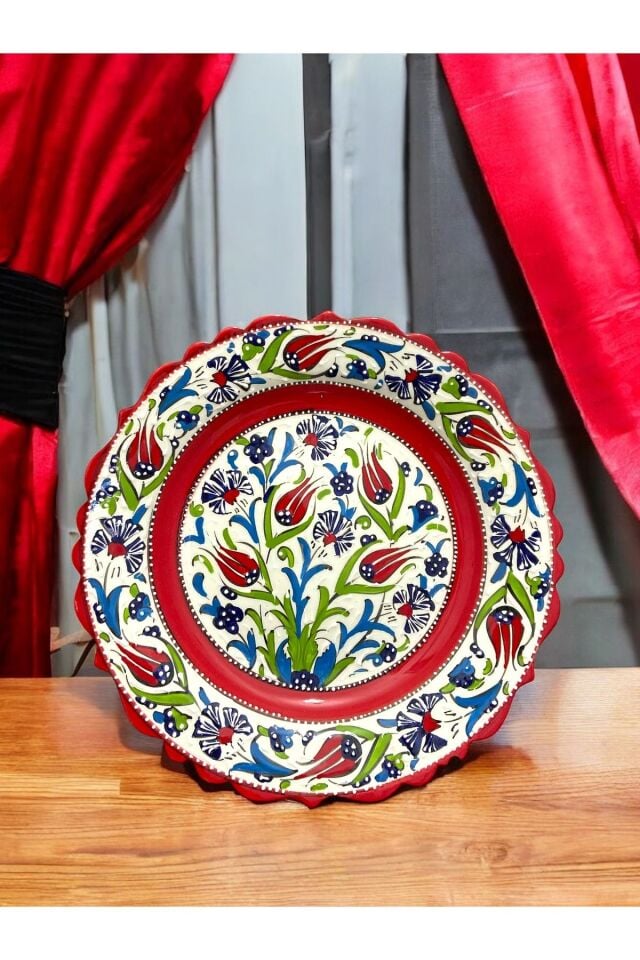 Kadife Kutulu El Yapımı 30Cm Kütahya Çinisi Dekoratif Çini Tabak - Kırmızı